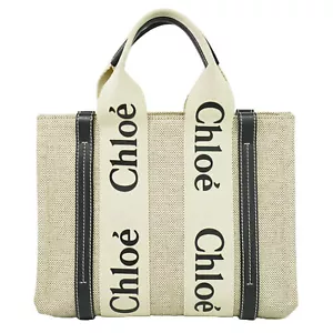 Borsa a mano Chloe Woody piccola in tela beige navy - Foto 1 di 10