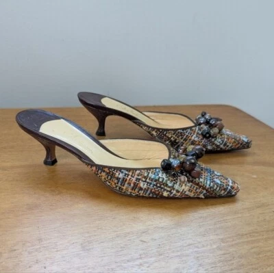 Vintage Y2K Cole Haan Tweed Tassel Kitten Heel Pointed Toe Mule Women's 6 - Imagem 1 de 4