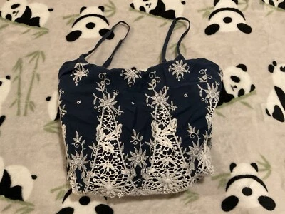 Romeo & Juliet Couture Womens Blue Small Lace Romper Spaghetti Strap One Piece S - Image 1 of 4