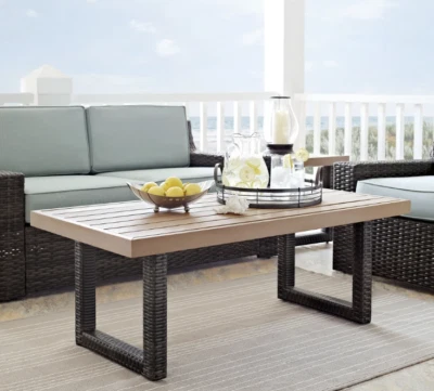 Mesa de centro exterior patio jardín muebles marrón superior madera ratán mimbre acero Foto 1 de 4