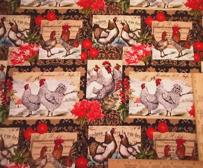 Tela Edredón 1 Yarda Gallo Gallina Parche Rojo Floral Marrón Negro Algodón Precortado C Foto 1 de 2