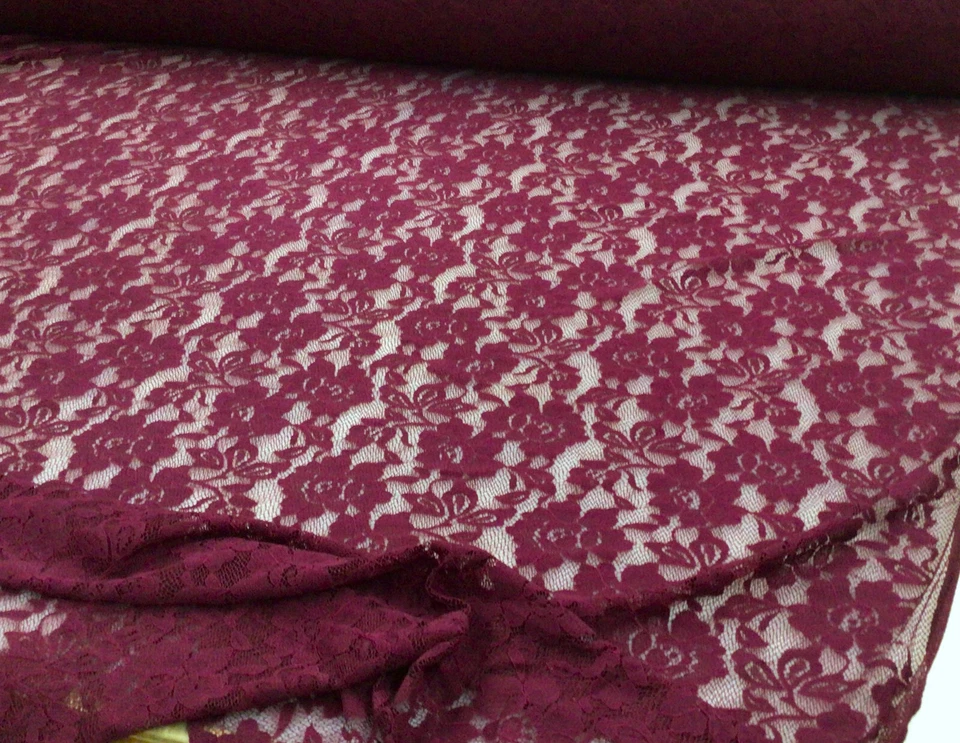 Embroidered Stretch Lace Apparel Fabric Sheer Floral Burgundy Merlot YY313 - Image 1 of 1