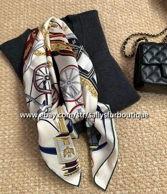 Sally Boutique 14~18 Momme Twill Silk Wrap Scarf Carriage Print Square Shawl 35" - Image 1 of 4