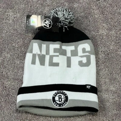 NBA Brooklyn Nets ('47 Brand) NBA Bering Cuff Knit Beanie Hat with Pom Black - Image 1 of 4