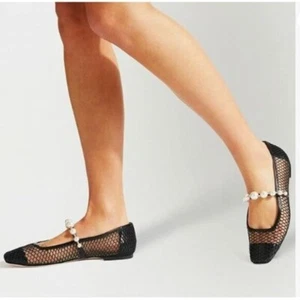 FOWT Black Square Toe Slip on Flats Pearl Studded Strap Elegant Wedding Pumps - Picture 1 of 8