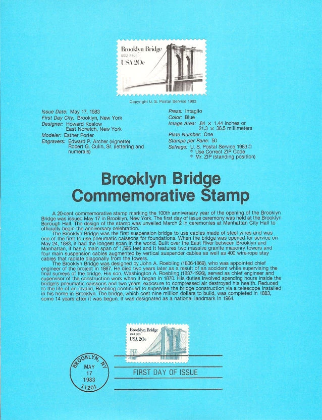 #8317 20c Brooklyn Bridge Stamp - Scott #2041  USPS Souvenir Page - Image 1 of 1
