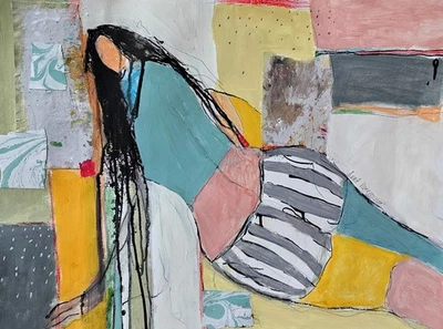 Pintura Original 24x18 ÚNICA Abstracta Mujer Extraña Retrato Figurativo Foto 1 de 4