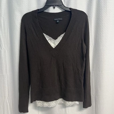 Suéter mediano Banana Republic para mujer marrón seda mezcla cachemir cuello en V profundo  Foto 1 de 4