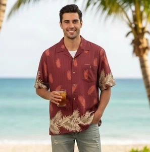 Camisa Hawaiana Island Paradise 100% Seda Hoja de Palma Abotonada Para Hombre Talla L - Imagen 1 de 5