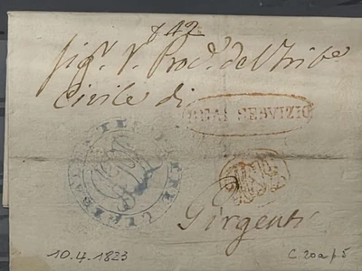 Prefilatelica 1823 Da Palermo A Girgenti Due Timbri Rossi E Uno Azzurro  - Immagine 1 di 3