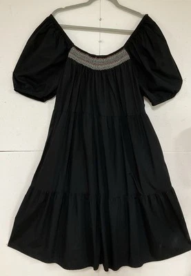 NUEVO SIN ETIQUETAS A.N.A Vestido Midi Negro XL Campesino Manga Abullonada Algodón Bordado en Niveles Foto 1 de 4