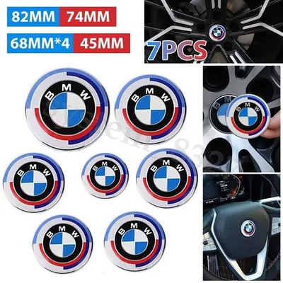 7Pcs B-M-W 50th Anniversary 82mm 74mm 68mm 45mm Wheel Emblem Rim HubCaps Badges - Image 1 of 4