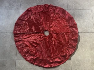 red Shimmery Christmas tree skirt with textured stripe and scroll patten 44” - Picture 1 of 4