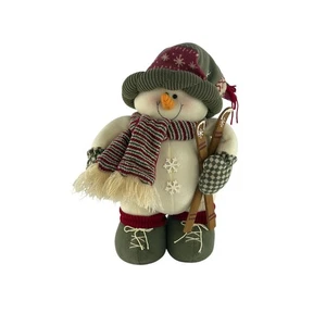 Weighted Plush Snowman With Skis & Striped Scarf Festive Winter Decor Seasonal - Picture 1 of 10