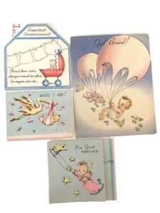 Vintage Lot-4 New Baby Birth Announcement Greeting Cards Stork 1940's Pink Blue - Picture 1 of 4