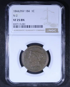 1844 / INV 184 Braided Hair Large Cent (N-2) - 1c NGC VF25 - Strong Overdate! - Picture 1 of 3