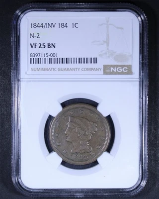 1844 / INV 184 Braided Hair Large Cent (N-2) - 1c NGC VF25 - Strong Overdate! - Image 1 of 3