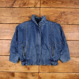 Vintage Outer Works Denim Jacket M 90s Bomber Trucker Down Blue Womens - Picture 1 of 9