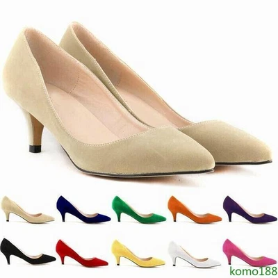 Womens Pointed Toe OL Shoes Kitten Mid Heel Slip On Party Dress Suede Pumps Sz - Image 1 of 4