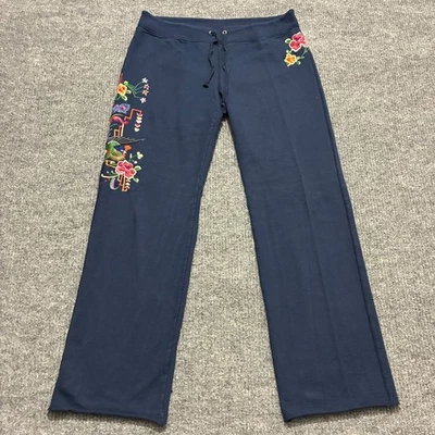 Calça de moletom Lucky Brand feminina perna larga tamanho grande azul marinho floral pássaro bordado - Imagem 1 de 4