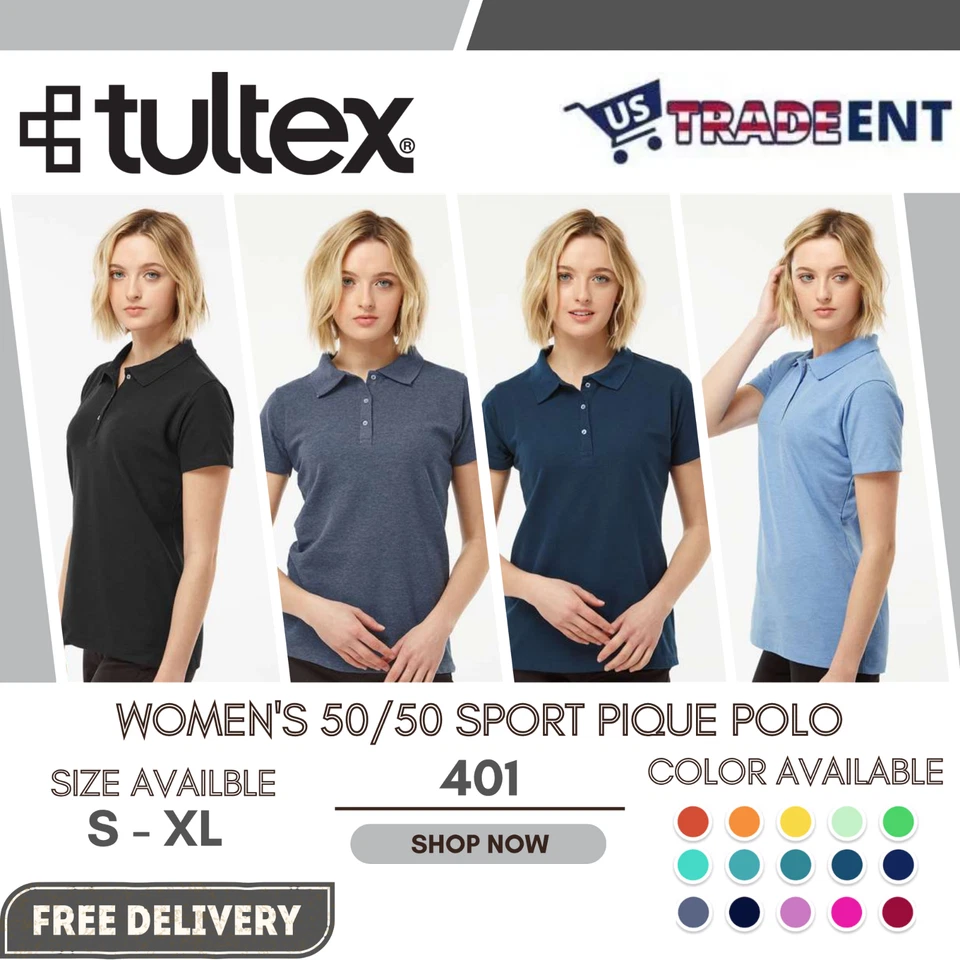 Tultex 401 女式短袖经典 Polo 柔软纽扣时尚 T 恤 — 第 1/1 张图片