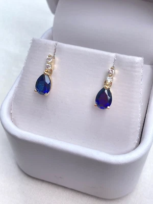 Classic 10K Yellow Gold 7mm Pear Shaped Lab Sapphire Crystal Drop Earrings, 1.6g - Image 1 of 4