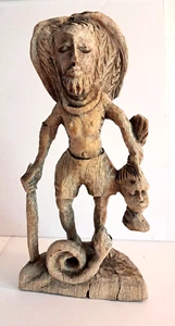 Tribal Headhunter Carved Driftwood Sculpture Severed Head Snake 13.5" Signed  - Picture 1 of 19