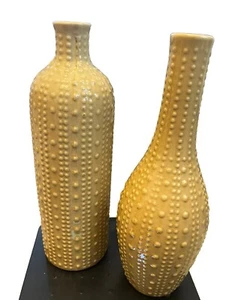 2pc Set Sanibel Home Hand Made Yellow Vase 11” tall Beaded Design Cute Cozy 3D - Picture 1 of 1