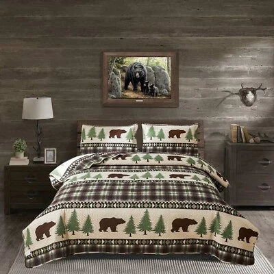 Quilt Set Queen Size Rustic Lodge Plaid Quilt Bed Spread Country Cabin Brown ... - Image 1 of 4