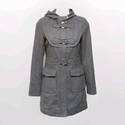 Trench coat Steve Madden mistura de lã fecho duplo botão alternador cinza com capuz P - Imagem 1 de 4