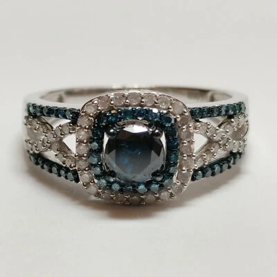 D'Joy Blue and White Diamond (IR) Halo Platinum over 925 Silver Ring Size 8 - Image 1 of 4