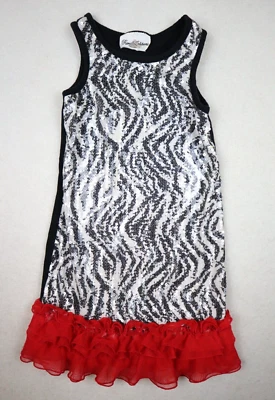 EDICIONES RARAS - VESTIDO CON VOLANTES LENTEJUELAS ESTAMPADO CEBRA ROJO BLANCO NEGRO NIÑA - TALLA 5 Foto 1 de 4