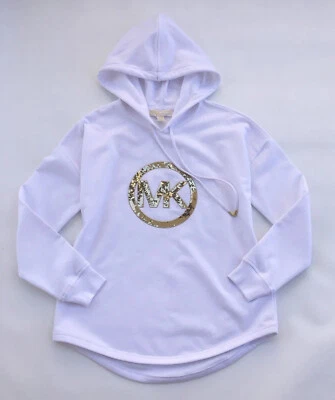 MICHAEL KORS WOMENS WHITE HOODIE SWEATSHIRT MK LOGO GOLD SEQUINS NEW SZ S M L XL - Image 1 of 4
