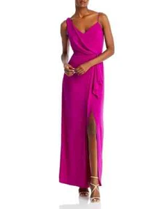 AQUA Asymmetric Overlay Crepe Gown Women's 2 Orchid Front Slit Back Zip Closure - Picture 1 of 15