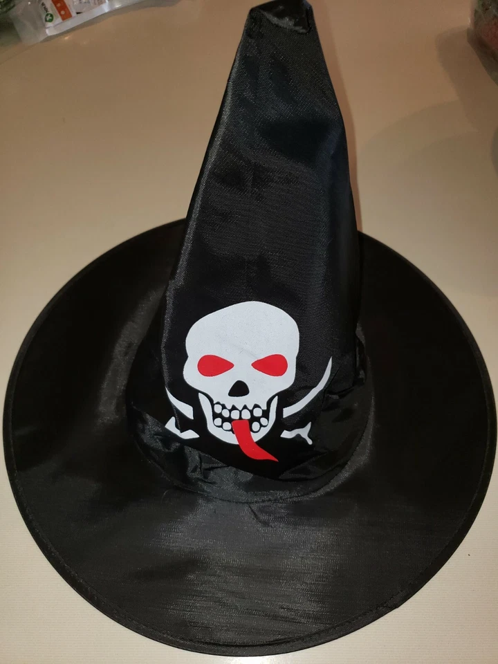 NIÑAS NUEVO SOMBRERO DE BRUJA CON BORDE DE ALAMBRE NEGRO DISFRAZ DE HALLOWEEN CALAVERA OJOS CON LENGUA CRUZADA Foto 1 de 1