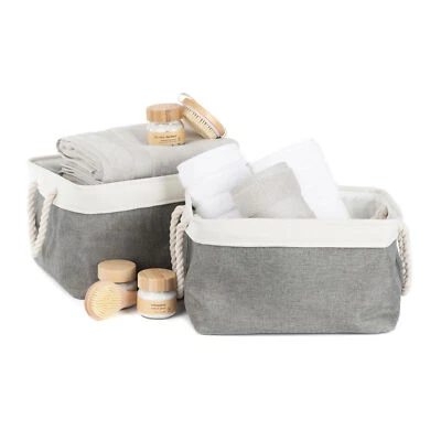 Foldable Large Grey Canvas Storage Fabric Baskets Cotton Handle Box Cube Cloth  - Image 1 of 4