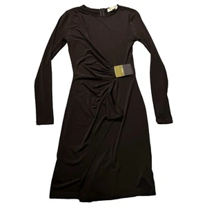 Michael Kors Brown Long Sleeve Faux Wrap Dress Leather Gold Buckle Size XXS - Picture 1 of 9