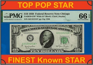 1950 $10 Federal Reserve Note PMG 66EPQ top pop highest graded star Fr 2010-GW* - Picture 1 of 4
