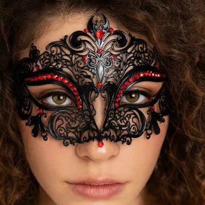 Red Metal Lace Eyemask Halloween Masquerade Sexy Pretty Ladies Tie Mask - Image 1 of 2