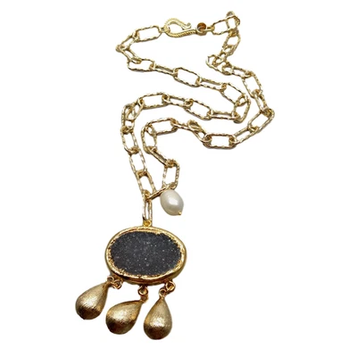 20" Grey Agate Druzy White Rice Pearl Gold Filled Chain Pendant Necklace - Image 1 of 4
