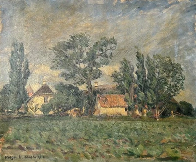 Ölbild Landschaft mit Häusern windiger Tag Holger H. Hansen 1917 51 x 61 cm - Bild 1 von 4
