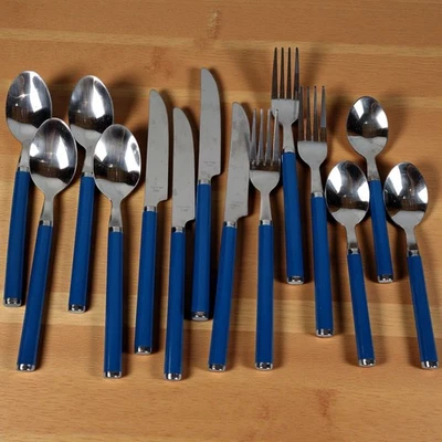 Juego de cubiertos de mesa Colbolt azul redondo extremo cromado acero inoxidable Foto 1 de 4