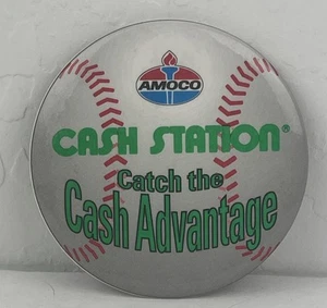 Pulsante pubblicitario Amoco & Cash Station con cuciture baseball anni '90 - Foto 1 di 5