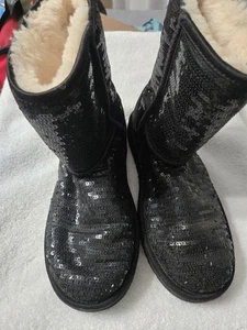 UGG Women's Size 6 Classic Short Black Sequin Winter Boots Gently Used - Picture 1 of 7