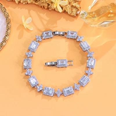 17Ct Emerald Cut Lab Created Diamond Women's Tennis 14K White Gold Plated Silver - Image 1 of 4