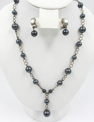 Conjunto de pendientes perforados collar gota plateado perla gris carolee firmado años 90 Foto 1 de 4