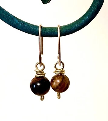 14K gold Tigers Eye Earrings. Gemstones. Dangle drop. Fine/Handcrafted - Image 1 of 4