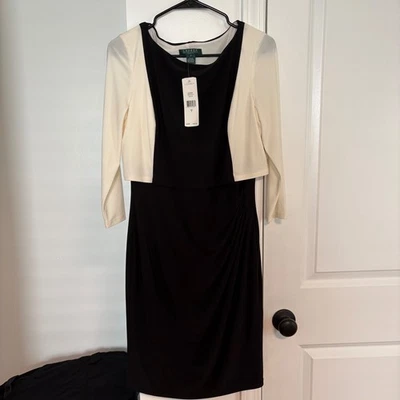 Vestido Lauren Ralph Lauren Talla 8 Negro Crema Vaina Acanalada Carrera Foto 1 de 4