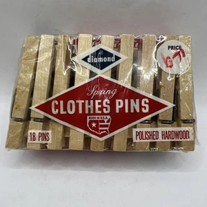 Vintage NOS Diamond Spring Clothes Pins Polished Hardwood Package Of 18 - Picture 1 of 8