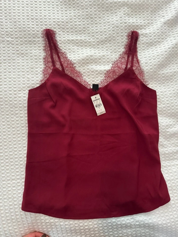 Express Burgundy Dark Red Eyelash Lace Spaghetti Strap Blouse Tank Top Small S - Image 1 of 1